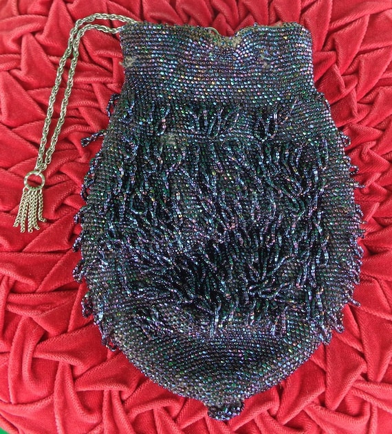 Antique Vintage Bead Purse Handbag Pouch 1930s Bugle Carnival Glass Iridescent Swag Blue Purple Wedding Party Evening Formal Accessory Gift