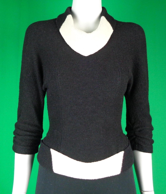 Vintage Retro Clothing Apparel Pullover Sweater Top Blouse 1940s 50s Mid Century XS Wool Nylon Black White Party Evening Formal Casual Gift