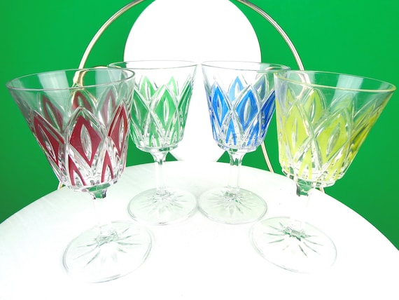 Vintage Retro VMC Reims Brigitte Paint OVP France Drink Cut Glasses Barware 50s 60s Mid Century MCM Diamond Harlequin Set 4 House Party Gift