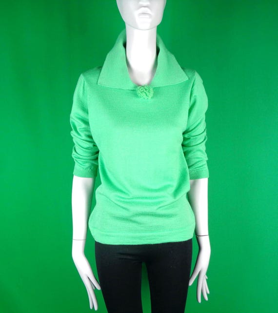 Vintage 1950s-60s Darlene Wool Sweater Top: Green Mid-Century 36 Medium Pullover Collar Pom Gift