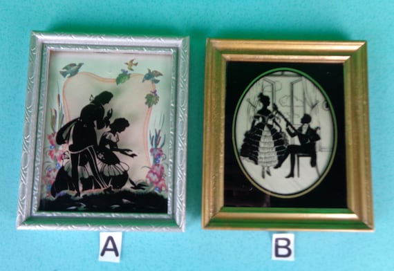 Vintage Visual Art Picture Wall Hang 30s 40s Small Bevel Frame Shadow Reverse Romance Couple Print Home Live Decor Collectible Keepsake Gift
