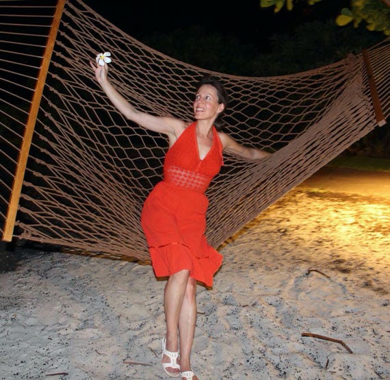 Vintage Orange Gauze Halter Dress: 1970s Boho Hippie Style Mexican Lolita Peasant Crochet Oaxaca