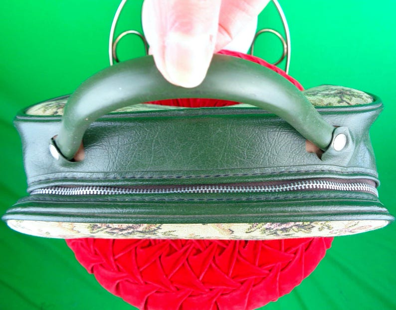 Vintage Tapestry Handbag: Floral Petit Point Top Handle Purse 60s-70s Green Vinyl Bag Accessory image 5