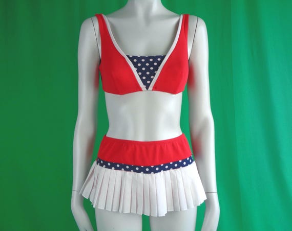 Vintage Retro Christina Nautical Bikini Bathing Suit Swimwear Sun Top Short Pants 1950s 1960s Mid Century S Beach Party Gift Red White Blue