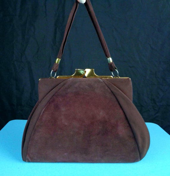 Vintage Retro Jemco Coin Purse Handbag Top Handle Clutch 1930s 40s Suede Satin Burgundy Maroon Wedding Party Formal Evening Gift Accessorize