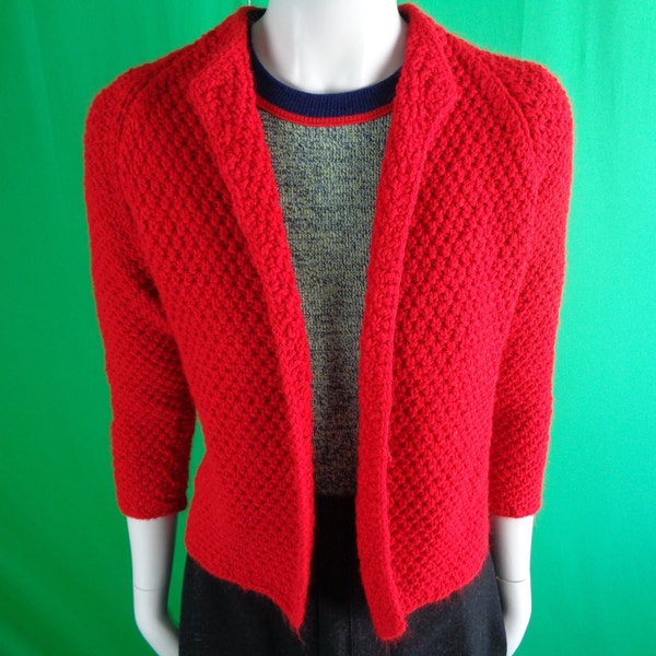 Vintage Retro Womens Girls Clothing Red Sweater Duster Top Acrylic Wool Cable Knitwear Small 50s 60s Mid Century Separate Handmade Home Live