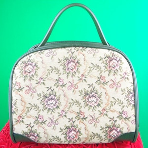Vintage Retro Tapestry Green Handbag Top Handle Purse 1960s 70s Mid Century Floral Petit Point Vinyl Market Carry On Travel Gift Accessorize
