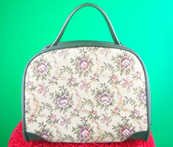 Vintage Retro Tapestry Green Handbag Top Handle Purse 1960s 70s Mid Century Floral Petit Point Vinyl Market Carry On Travel Gift Accessorize