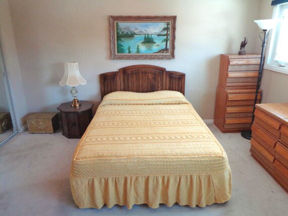 Vintage Yellow Chenille Bedspread: 1940s-50s Comforter with Pillow Pocket Mid Century Blanket Cover Gift