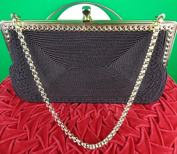 Vintage Retro Accessorie Rectangular Brown Corde Purse Handbag Clutch Top Handle 1940s 1950s Mid Century Wedding Party Evening Formal Gift