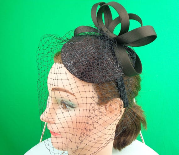 Vintage Style Mini Fascinator: Brown Velveteen Bow Veil Headband Hat Statement Hair Accessory Gift