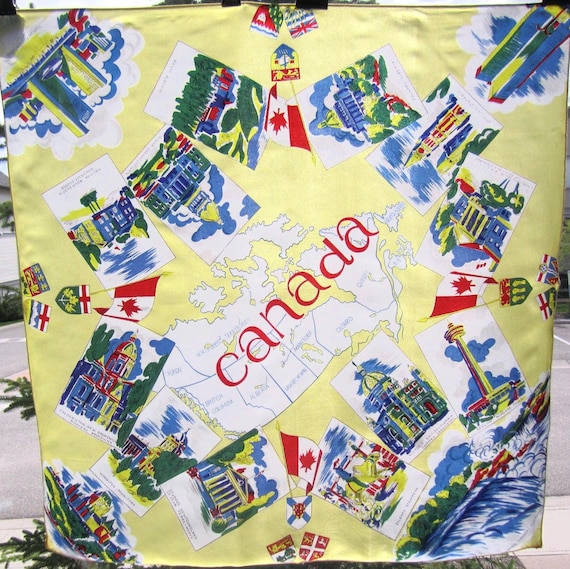 Vintage Retro Canada Souvenir Scarf Wrap Shawl Graphic Novelty 60s 70s Yellow Blue Green Red Collector Accessorie Wedding Party Evening Gift
