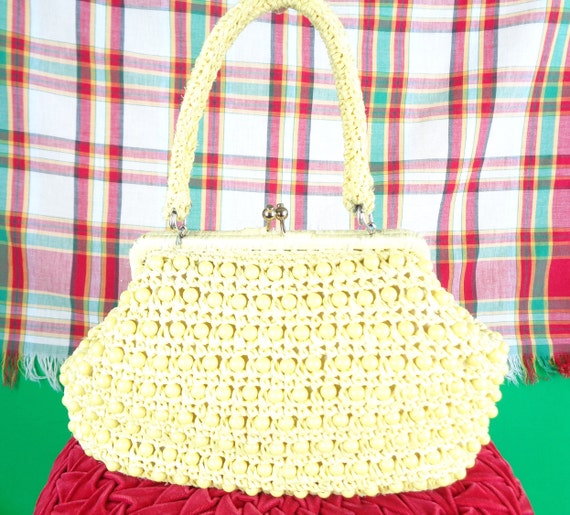 Vintage Retro Accessorie Straw Purse Handbag Clutch 1950s 60s Mid Century Top Handle Yellow Raffia Rattan Wedding Party Evening Formal Gift