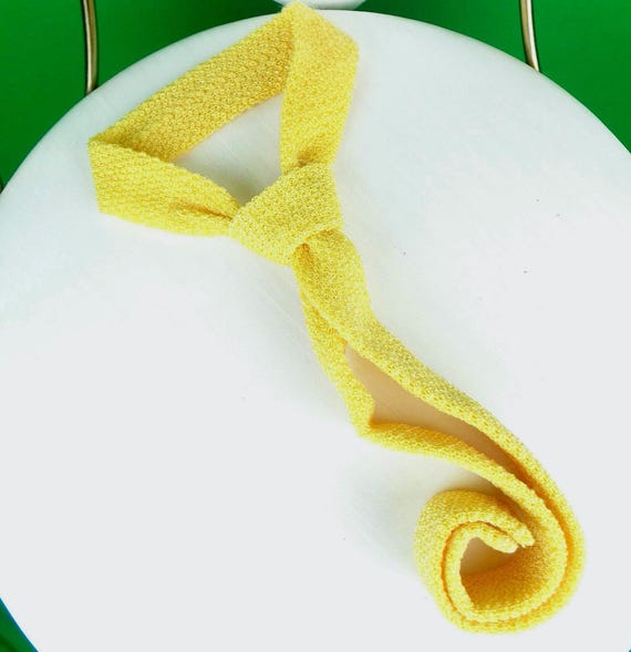 Vintage Retro Unisex Yellow Self Necktie Suit Accessorie 1930s 40s Cravat Boucle Rayon Knit Satin Stretch Wedding Party Formal Evening Gift