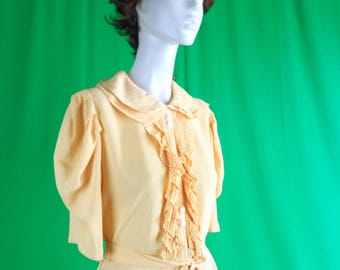 Vintage Clothing Top Blouse 1930s-40s Pullover Sash & Ruffle Handmade Bishop Sleeve Unique Fashion