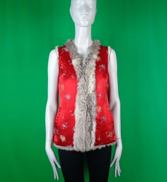 Vintage Retro Handmade Clothing Reversible Fur Silk Vest Top 1950s 1960s Mid Century Red Gray Japanese Chinese Asian S Formal Casual Gift