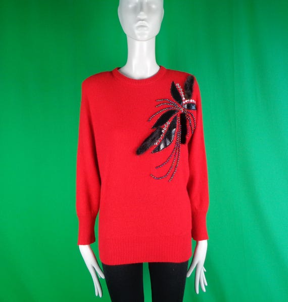 Vintage Retro Clothing Pullover Sweater Angora Wool Top 80s 90s Sm Red Black Bead Mink Fur Batwing Wedding Party Evening Formal Casual Gift