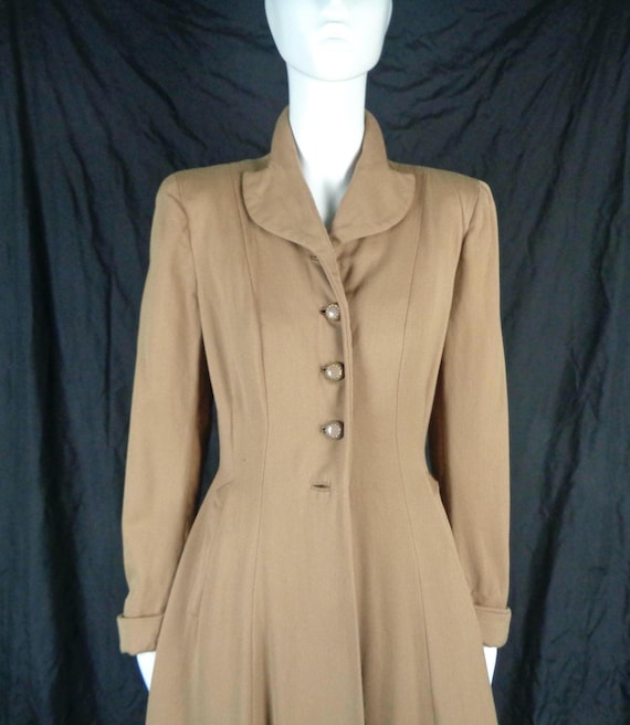 1940s-50s Vintage Gaberdine Trench Coat: Mid Century Tan Wool Overcoat Jacket Small National Princess Gift