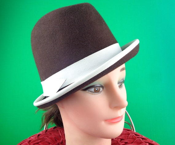Vintage Retro Brown White Hubbard Canada Top Bucket Felt Hat 1960s 1970s 22" Wool Vinyl Wedding Party Evening Formal Casual Gift Accessorie