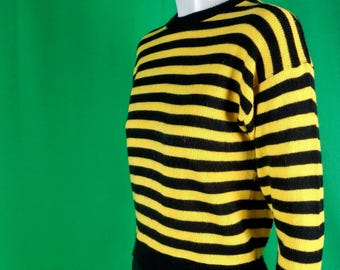 Maglione vintage a righe anni '80/'90: pullover in stile bomber a coste nero e giallo, regalo