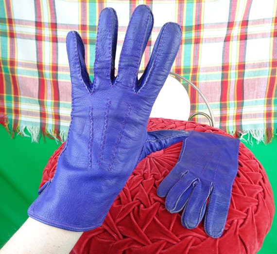 Vintage Retro Leather Driving Gloves Accessorie 1940s 1950s Mid Century Kidskin Purple Wedding Party Formal Evening Casual Gift Size 6 3/4