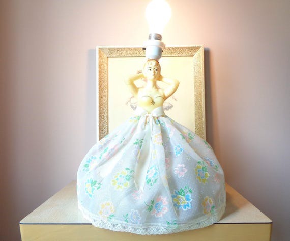 Vintage Lady Doll Table Lamp: Mid-Century Night Light, 1950s Floral Accent Decor Gift Pink