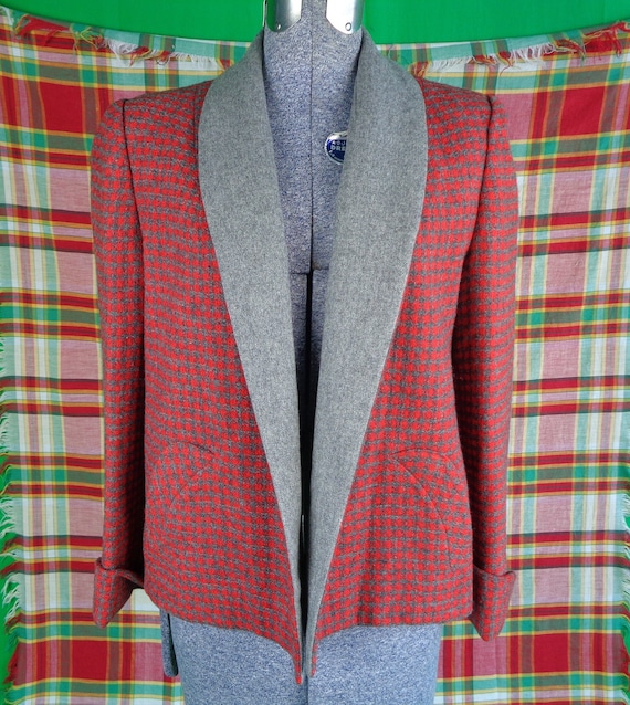 Vintage Retro Clothing Handmade Apparel Versatile Red Gray Wool Swing Jacket Bomber Coat 1940s 1950s Mid Century M Check Crop Duster Gift