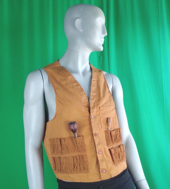 Vintage Retro Clothing Unisex Hunting Utility Vest Workwear Sport Recreation Outdoor 1940s 1950s WW2 Mid Century LG Camel Cotton Casual Gift
