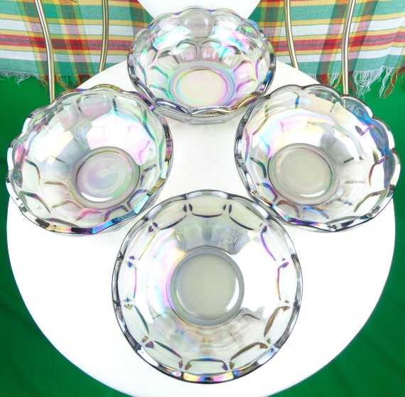 Vintage Retro MCM Carnival Glass Set 4 Bowls 60s 70s Mid Century Hazel Altas Iridescent Blue Purple Dinnerware Kitchen Serve Home Decor Gift