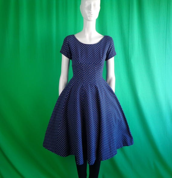 Vintage Retro Clothing Skater Trumpet Polka Dot Dress 1950s 60s Mid Century Small Waffle Cotton Navy Blue Wedding Party Formal Evening Gift