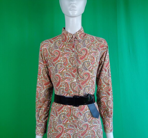 Vintage Retro Clothing Apparel Shirt Button Shift Dress 1950s 1960s Mid Century 16 Lady Manhattan Paisley Red Yellow Blue Gray Party Gift