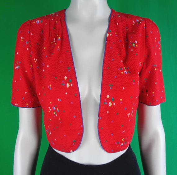 Vintage Retro Clothing Apparel Betty Barclay Bolero Crop Jacket Blouse Top 1960s 1970s Red Pattern Wedding Party Formal Evening Casual Gift