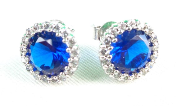 Sterling Silver Blue Sapphire Stud Earrings, Diamond Halo 925 Jewelry Birthstone Gift