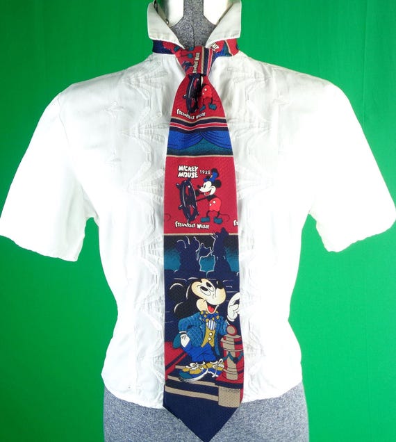 Vintage Leeds Disney Mickey Mouse Silk Self Necktie 1990s Sailor Movie Print Suit Accessory
