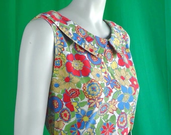 Robe droite florale vintage, faite main, style mod des années 1960, milieu du siècle jaune rouge bleu vert