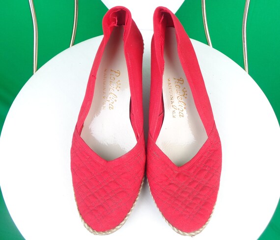 Vintage Retro Roweliza Wedge Slides Slip Ons Shoes Pumps Footwear 1970s 80s Red Tan Size 7 US CAN Wedding Party Evening Casual Coastal Gift