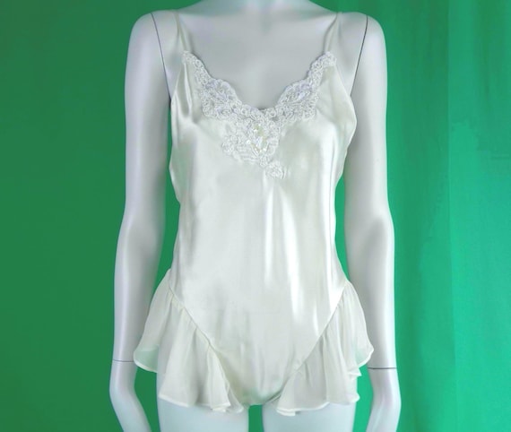 Vintage Retro Ivory Cream La Quinta Silk Teddy Baby Doll One Piece Lingerie 1970s 1980s CA US S Night Intimate Wear Wedding Party Gift