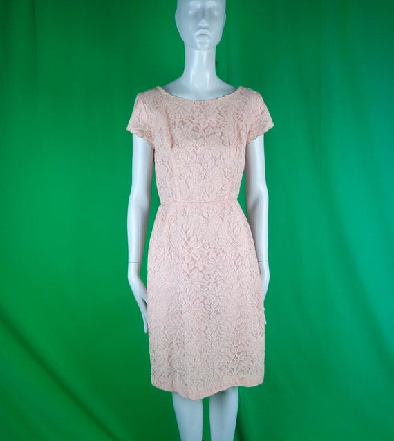 Vintage Retro Handmade Clothing Sheath Pencil Dress Blush Powder Pink 50s 60s Mid Century S Lace Wedding Party Evening Formal Prom Grad Gift