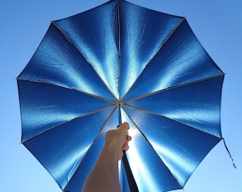 Womens Mens Rain Accessorie Navy Blue Umbrella Parasol 1960s 1970s Vintage Mid Century Retro Nylon Silver Metal Canopy Cover Wedding Party