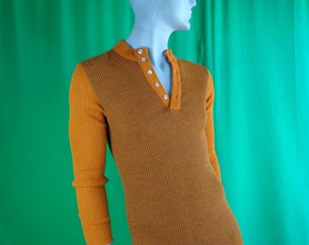 Vintage Retro Unisex Clothing Apparel White Ram Button Pullover Jersey Knitwear Sweater Top Shirt 60s 70s L Orange Brown Color Block Gift