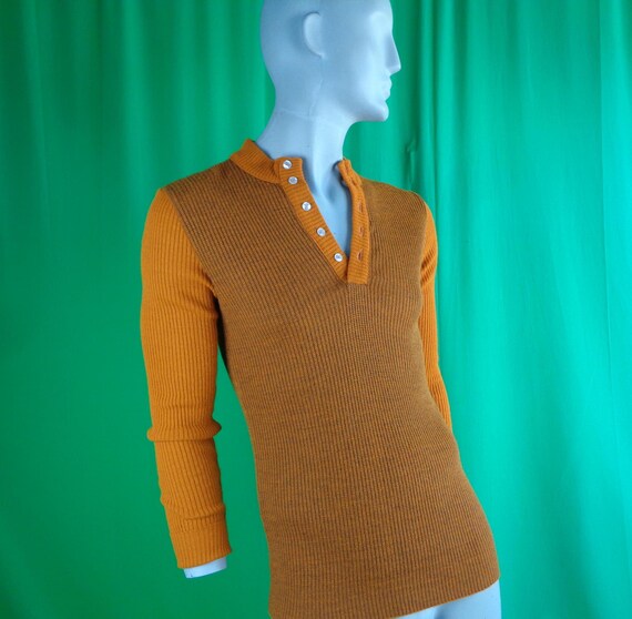 Vintage Retro Unisex Clothing Apparel White Ram Button Pullover Jersey Knitwear Sweater Top Shirt 60s 70s L Orange Brown Color Block Gift