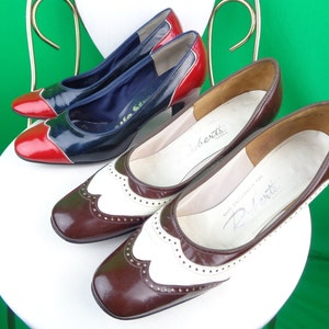 Vintage Retro Pumps Shoes 1960s 1970s Patent Leather Wingtip Spectator Brown White Size 6 1/2 Red Navy Blue Size 5 Wedding Party Formal Gift