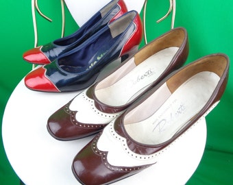 Zapatos de charol con punta de ala vintage - Spectator Shoes, años 60, rojo, azul, marrón, blanco, accesorio de regalo