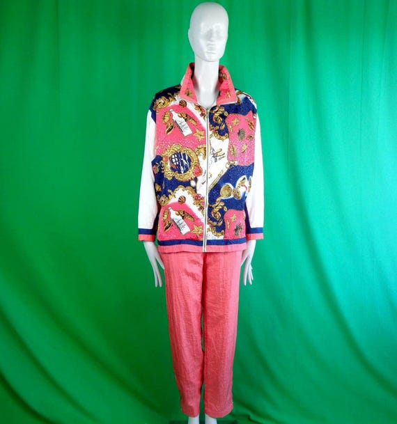 Vintage Retro 80s-90s Nautical Windbreaker Track Suit: CA Size S Jogger Loungewear Jacket Pants