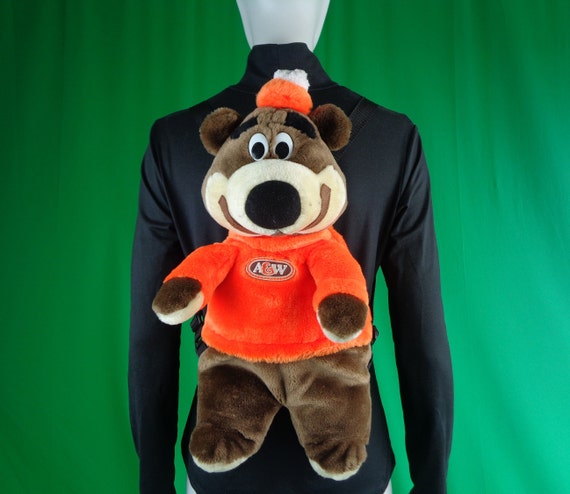 Vintage Retro Plush Mascot A&W Bear Nap Sack Shoulder Tote Bag 1980s 90s Stuff Character Brown Orange Novelty Casual Travel Gift Accessorie