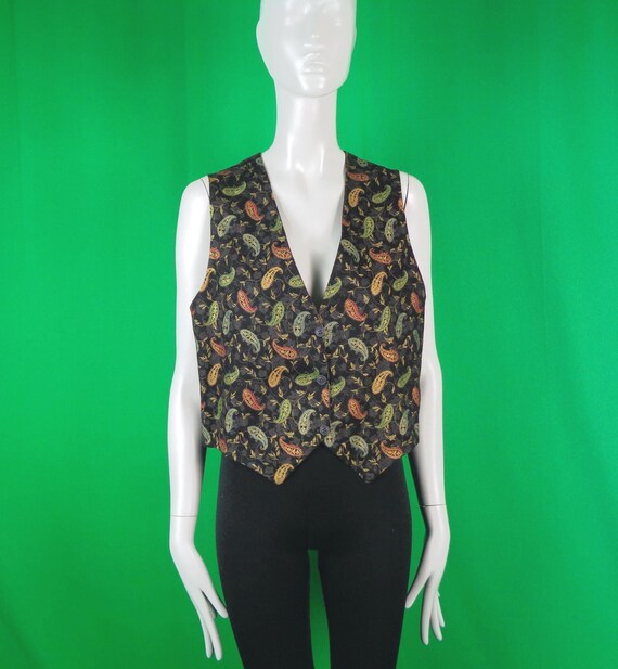 Vintage Retro Handmade Clothing Reversible Clip Vest 80s 90s Medium Wedding Party Formal Evening Casual Gift Petal Paisley Leaves Pattern