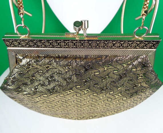 Vintage Retro Accessorie Purse Handbag Clutch 1960s 70s Mid Century Art Deco Top Chain Handle Wedding Party Evening Formal Gold Black Gift