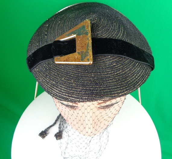 Vintage Retro Accessorie Small Mini Half Veil Base Hat Fascinator 40s 50s Mid Century Black Gold Wedding Party Formal Cocktail Evening Gift