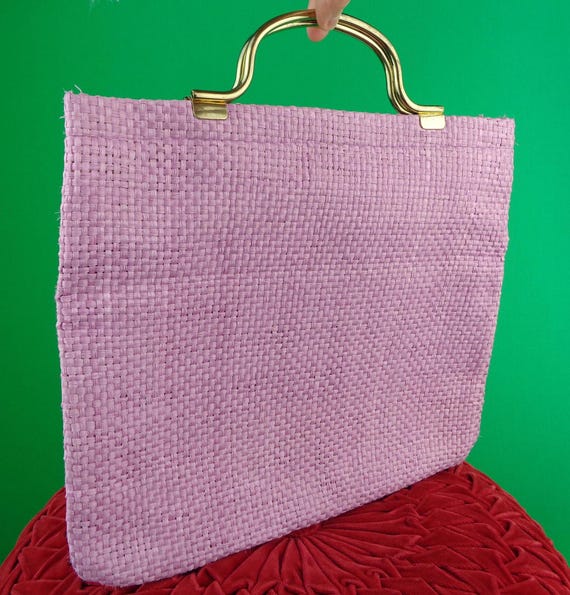 Vintage Retro Accessorie Purse Handbag Top Handle 1960s 1970s Mid Century Lilac Purple Beige Straw Raffia Wedding Party Formal Evening Gift