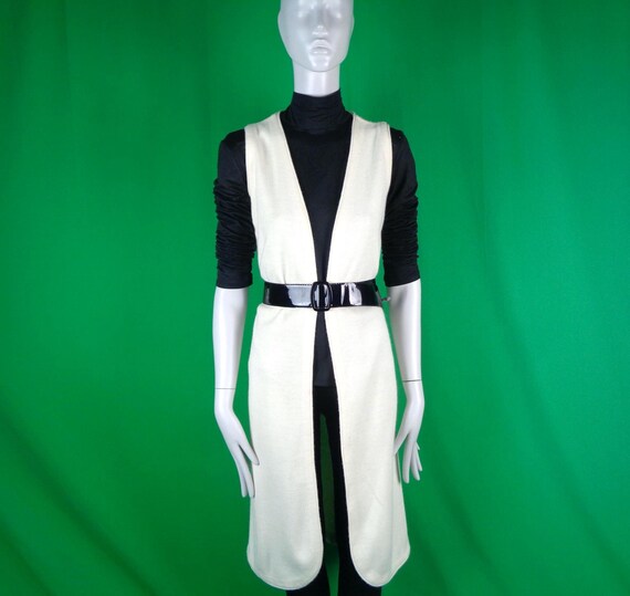 Vintage Wool Duster Cardigan, Ivory Knit Open Sweater (M) 1950s Mid Century Golden Spider